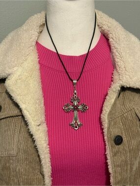 Gothic Cross Pendant on a Black Cord Necklace Victorian Retro Vintage Style